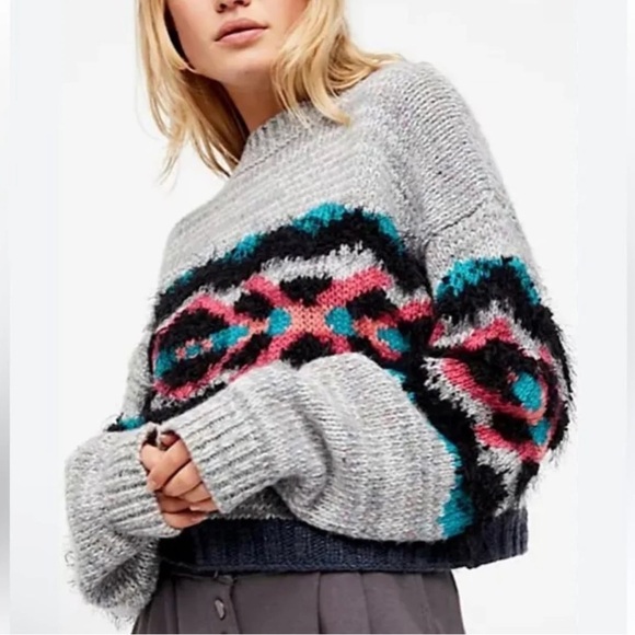 Free People Heart You Gray Wool Blend XOXO Women’s Chunky Cropped Sweater Sz S - Picture 2 of 11